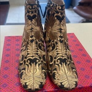 Tory Burch Black and Gold Embroidered Velvet Ankle Boots